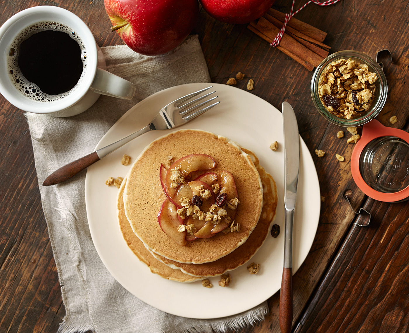 pancakes, cinnamon apples